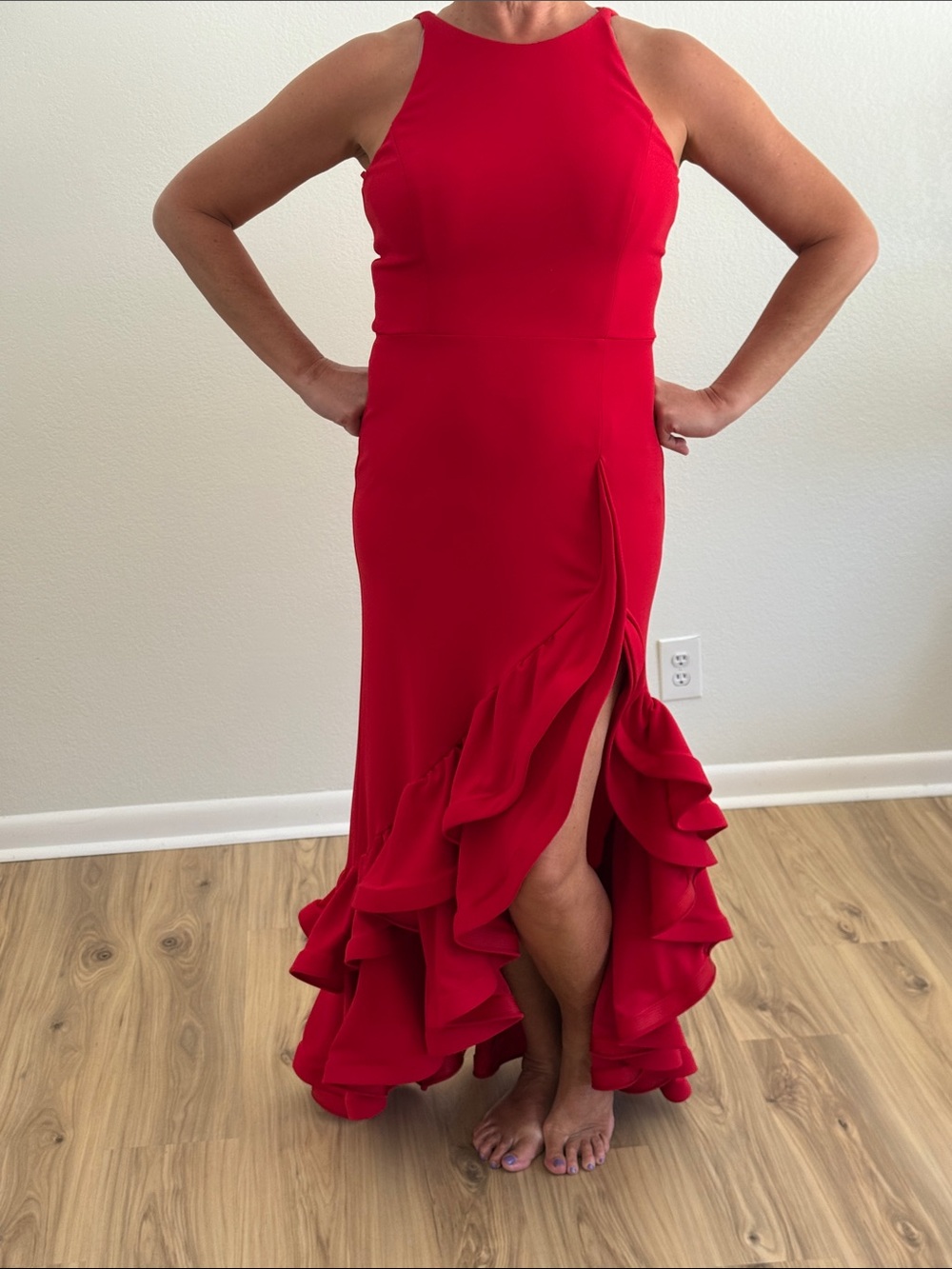 Red Halter High-Low Scuba Ruffle Evening Dress